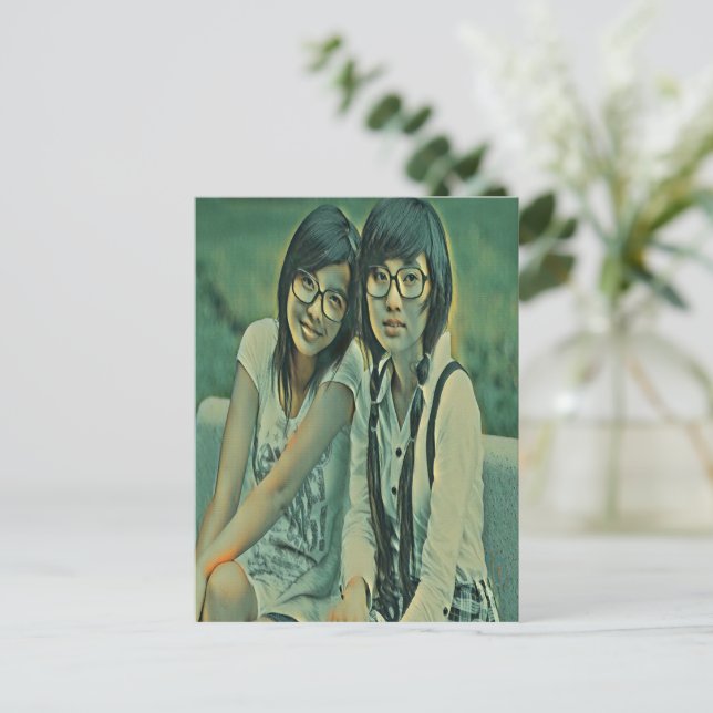 Cute friends sitting next to each other postcard (Standing Front)