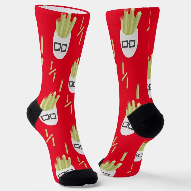 Cute Fries Junk Food Pattern Red Socks (Angled)
