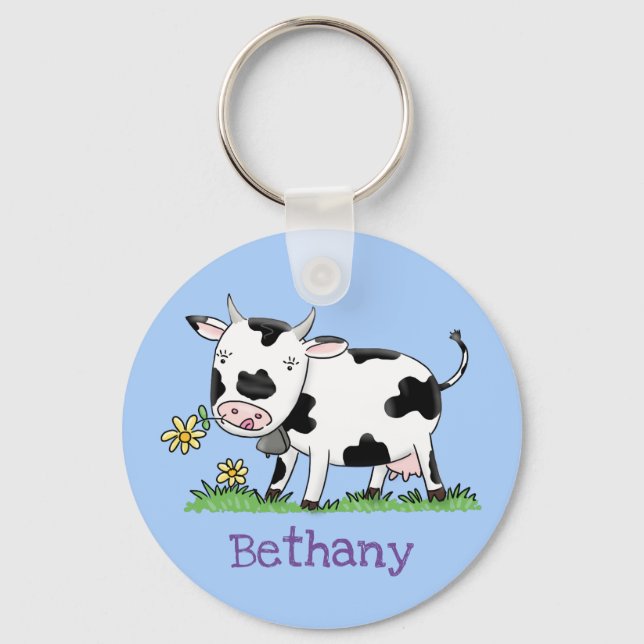 Cute friesian cow cartoon illustration keychain (Front)