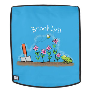 Cute frog and bee in garden cartoon illustration backpack