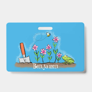 Cute frog and bee in garden cartoon illustration badge