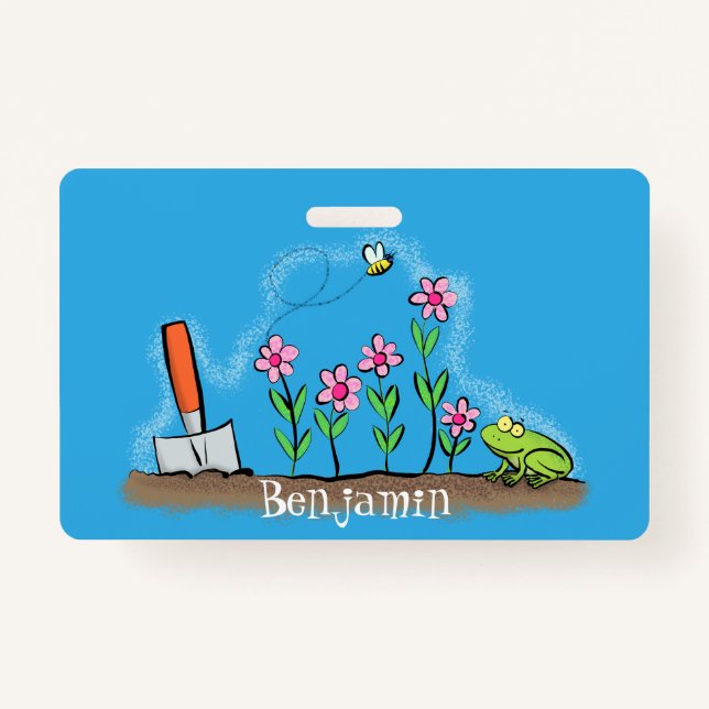 Cute frog and bee in garden cartoon illustration badge (Front)
