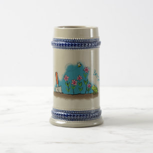 Cute frog and bee in garden cartoon illustration beer stein