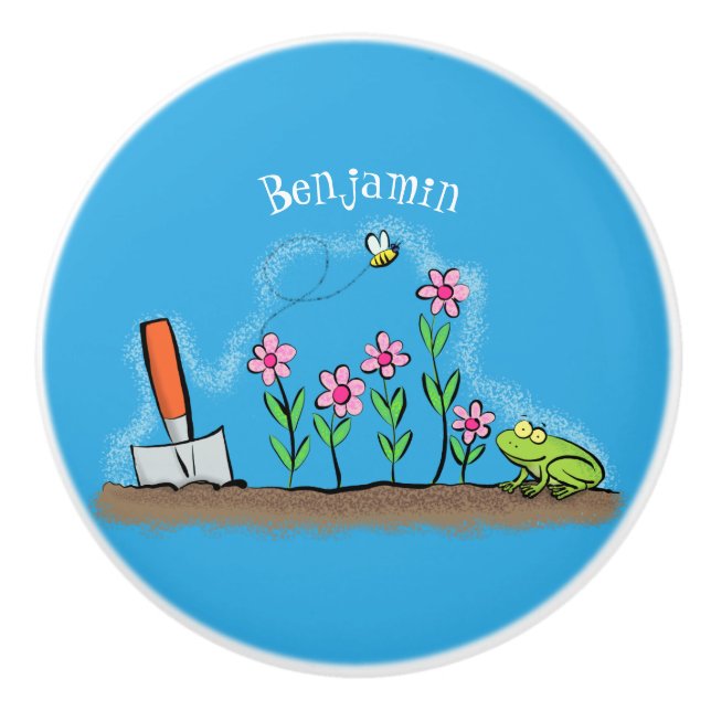 Cute frog and bee in garden cartoon illustration ceramic knob (Front)