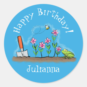 Cute frog and bee in garden cartoon illustration classic round sticker