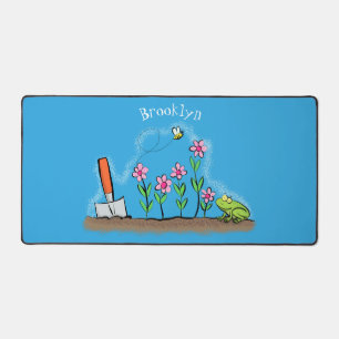 Cute frog and bee in garden cartoon illustration desk mat