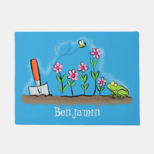 Cute frog and bee in garden cartoon illustration doormat