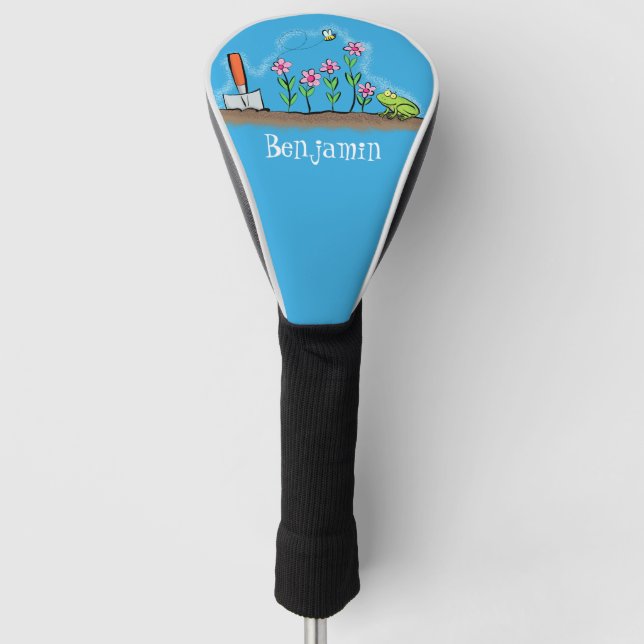 Cute frog and bee in garden cartoon illustration golf head cover (Front)