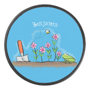 Cute frog and bee in garden cartoon illustration hockey puck