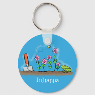 Cute frog and bee in garden cartoon illustration keychain