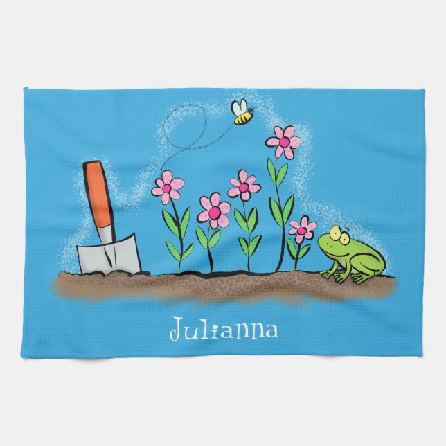 Cute frog and bee in garden cartoon illustration kitchen towel (Horizontal)