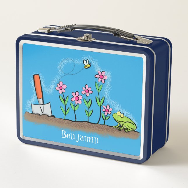 Cute frog and bee in garden cartoon illustration metal lunch box (Front)