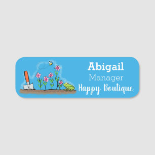 Cute frog and bee in garden cartoon illustration  name tag