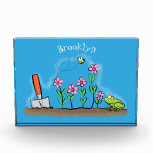Cute frog and bee in garden cartoon illustration photo block