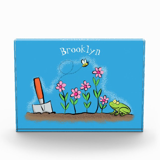 Cute frog and bee in garden cartoon illustration photo block (Front)
