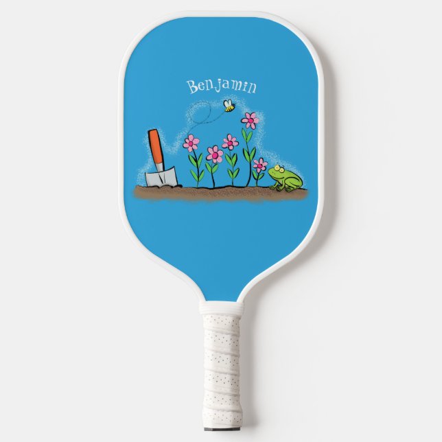 Cute frog and bee in garden cartoon illustration pickleball paddle (Front)
