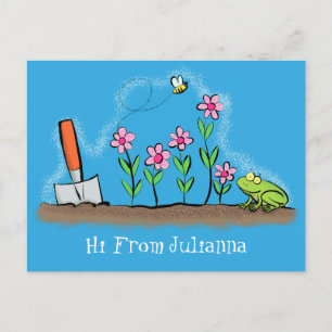 Cute frog and bee in garden cartoon illustration postcard