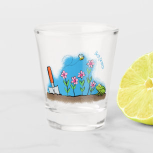 Cute frog and bee in garden cartoon illustration  shot glass