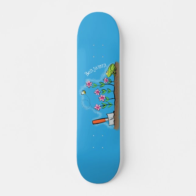 Cute frog and bee in garden cartoon illustration skateboard (Front)