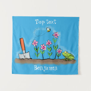 Cute frog and bee in garden cartoon illustration  tapestry