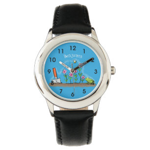 Cute frog and bee in garden cartoon illustration watch