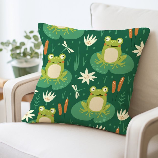 Cute Frog and Dragonfly Illustration Pillow (Creator Uploaded)