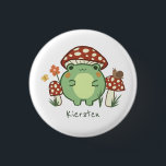Cute Frog and Mushrooms Cartoon 1 Inch Round Button<br><div class="desc">This cute, personalized button pin features a hand-drawn kawaii style cartoon frog, wearing a mushroom hat, along with other mushrooms, a snail, a flower, a butterfly, and grass. A colour scheme of red, lime, green, brown, orange, yellow, and peach is perfect for either the Indie or Cottage Core Aesthetic lover....</div>