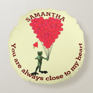 Cute frog and red romantic heart personalized round pillow
