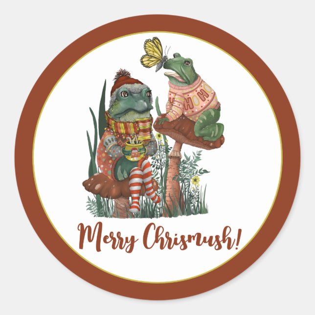 Cute Frog and Toad Merry Mushroom Christmas  Class Classic Round Sticker (Front)