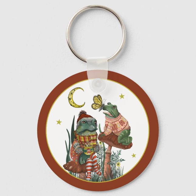 Cute Frog and Toad Merry Mushroom Christmas  Keych Keychain (Front)