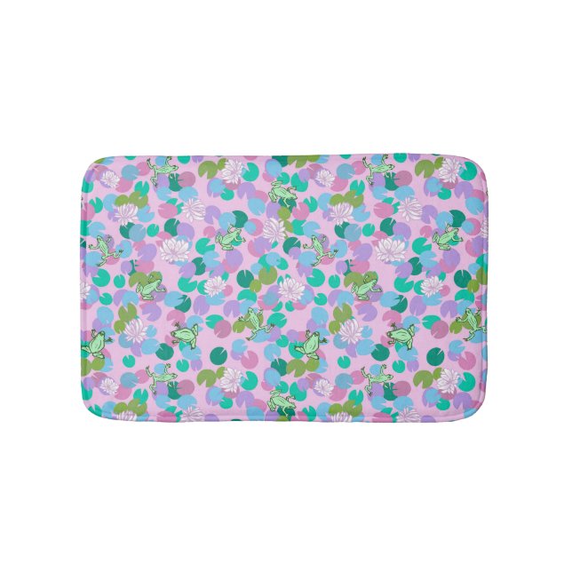 Cute frog art bath mat with pink background (Front)