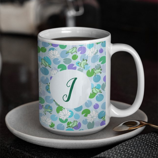 Cute Frog Art Blue Waterlilies Custom Monogram Coffee Mug (Creator Uploaded)