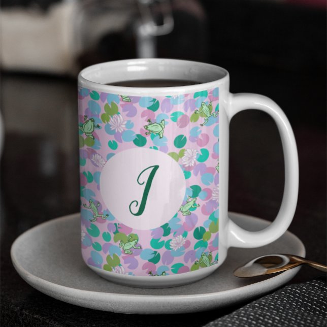 Cute Frog Art Pink Waterlilies Custom Monogram Coffee Mug (Creator Uploaded)