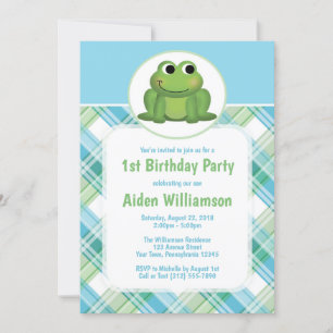 Cute Frog Blue Green Plaid Birthday Invitations