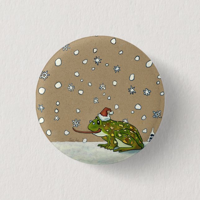 Cute Frog Catching Snowflake with Tongue 1 Inch Round Button (Front)