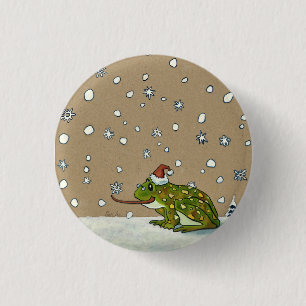 Cute Frog Catching Snowflake with Tongue 1 Inch Round Button