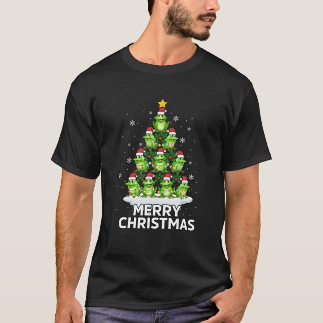 Cute Frog Christmas Light Tree Funny Pyjamas Decor T-Shirt (Front)