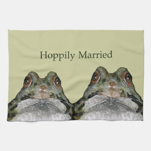 Cute Frog Couple: Hoppily Married: Wedding Kitchen Towel (Horizontal)