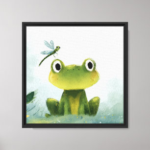 Cute Frog & Dragonfly – Soft Nature Illustration Canvas Print