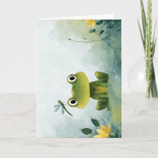 Cute Frog & Dragonfly – Soft Nature Illustration Card (Front)