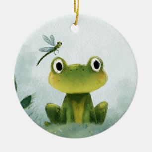 Cute Frog & Dragonfly – Soft Nature Illustration Ceramic Ornament