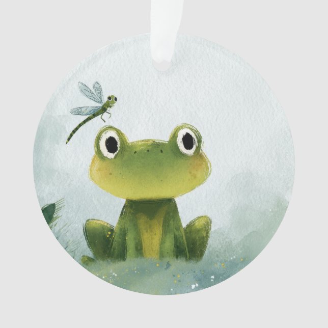 Cute Frog & Dragonfly – Soft Nature Illustration Ornament (Front)