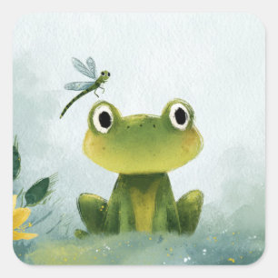 Cute Frog & Dragonfly – Soft Nature Illustration Square Sticker