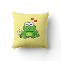 Cute Frog Flower and Hearts Yellow Throw Pillow