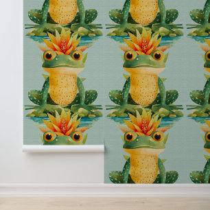 Cute frog flower pond kids watercolor wallpaper