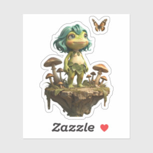 Cute Frog Girl Among Mushrooms with Butterfly
