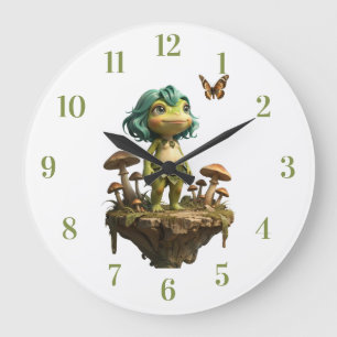 Cute Frog Girl Among Mushrooms with Butterfly Large Clock