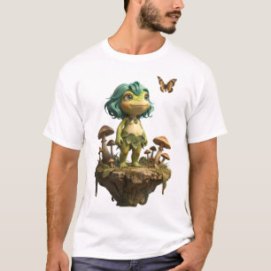 Cute Frog Girl Among Mushrooms with Butterfly T-Shirt
