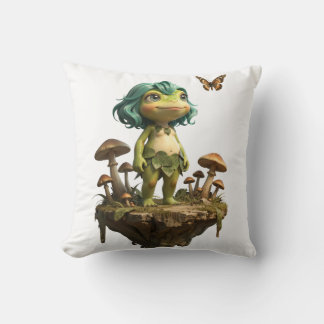 Cute Frog Girl Among Mushrooms with Butterfly Throw Pillow