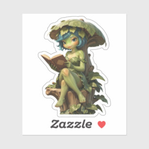 Cute Frog Girl Reading Book Under Leaf